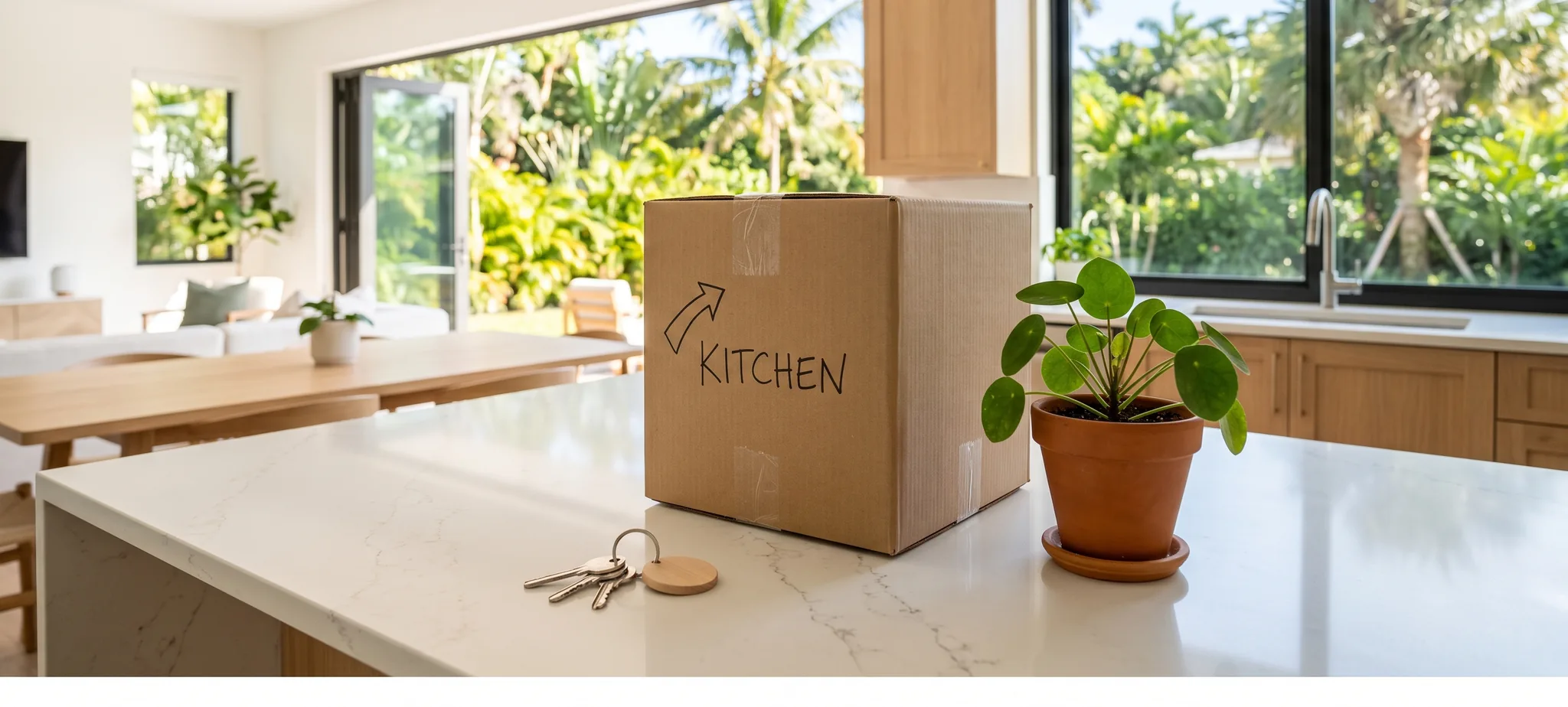 Llaves nuevas y una caja de mudanza sobre la encimera de una cocina luminosa en South Florida