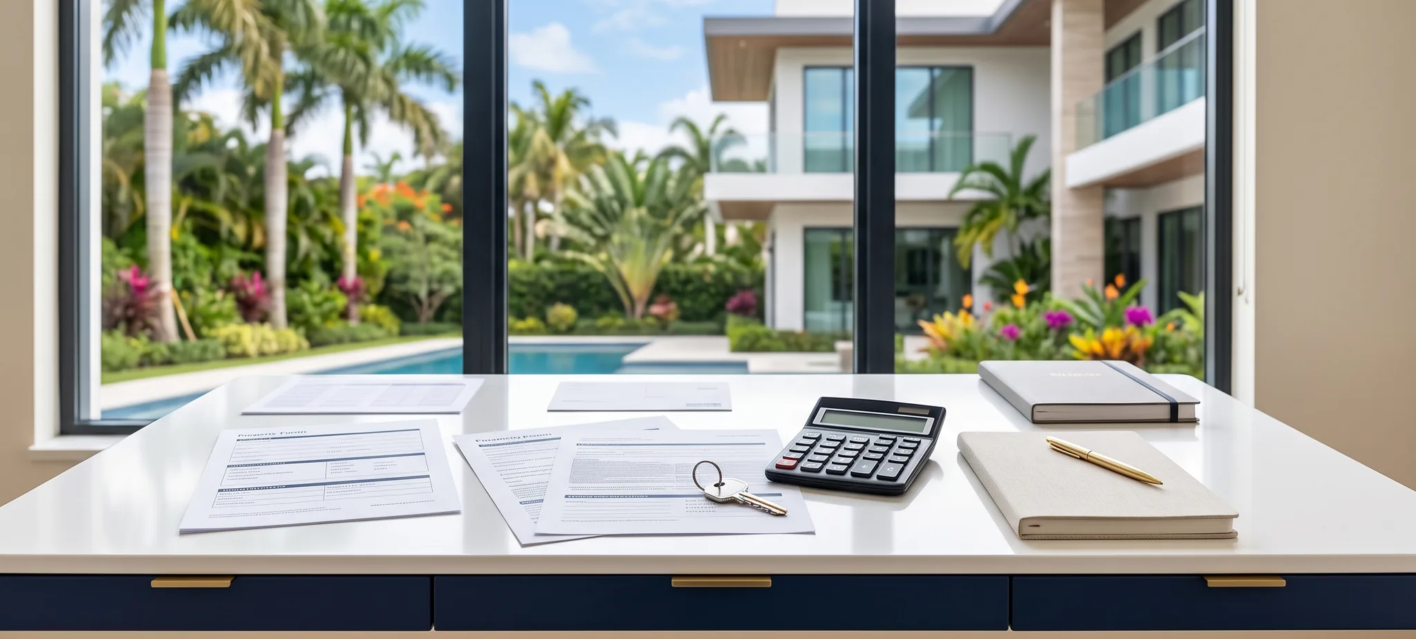 Documentos, calculadora y llaves para estimar los costos de vender una casa en Florida
