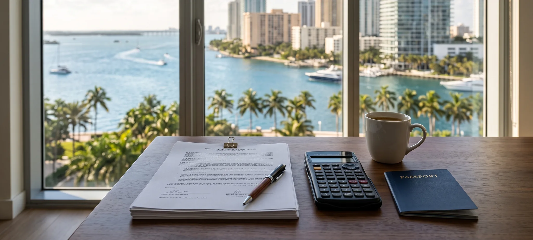 Documentos de cierre, calculadora y pasaporte sobre un escritorio con vista a la bahía de Miami