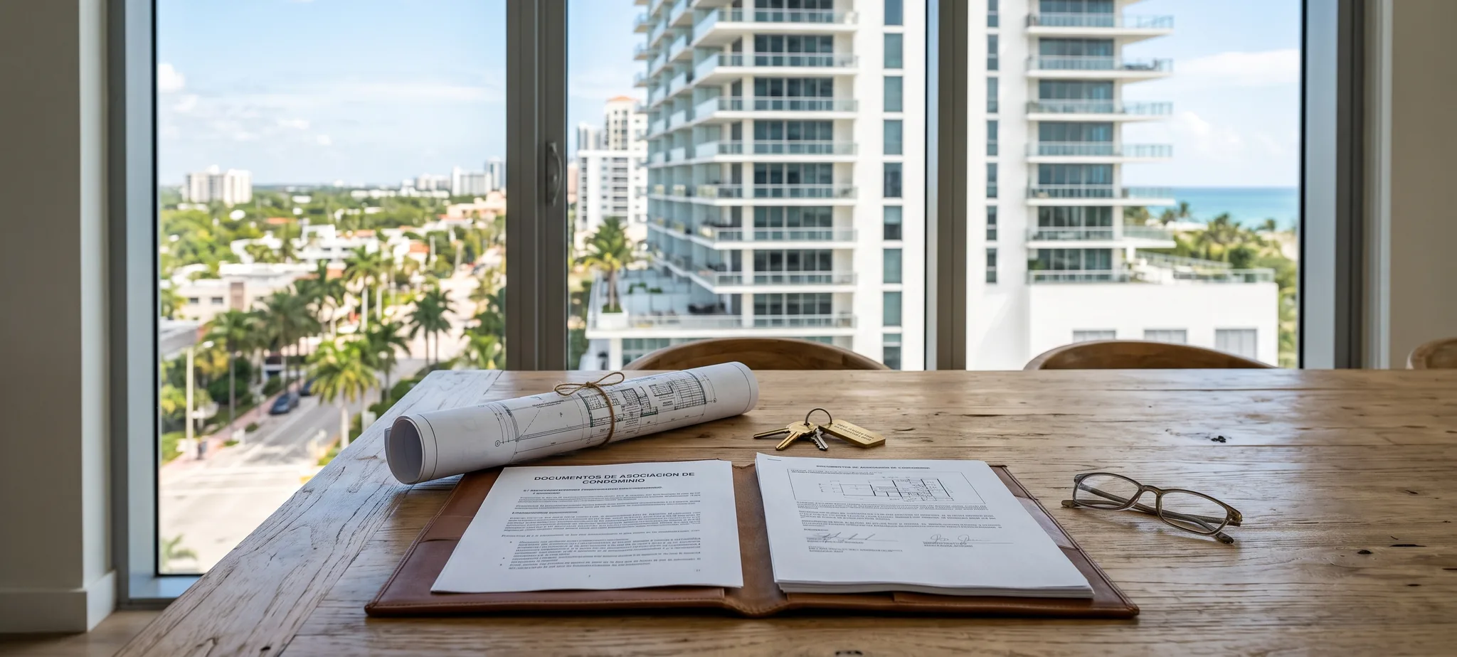 Documentos de la asociación de condominio y el plano del edificio sobre una mesa, con torres residenciales de Miami al fondo